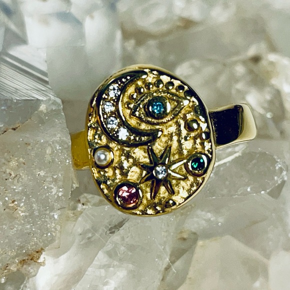 2/$20 ✨ 18k Gold Gemstone Celestial Ring Sz 7 & 8 Moon Star Anthropologie Style - Picture 6 of 13